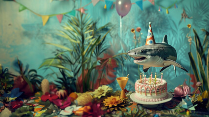 Birthday Shark with hat and cake on the sea
