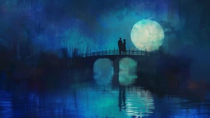 Couple Walking on a Moonlit Bridge A Tranquil Journey under the Night Sky