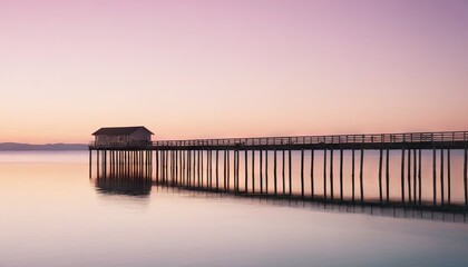 Obraz premium A lengthy wooden pier juts out into the calm water, reaching towards the horizon.