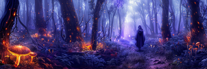 Dreamlike Forest Pathway Shrouded in Glowing Mushrooms and Bioluminescent Plants Guides a Hooded Figure into a Tranquil and Mysterious Landscape
