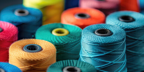 Colorful buttons and spools of thread assorted, variety of sewing accessories. Closeup background.