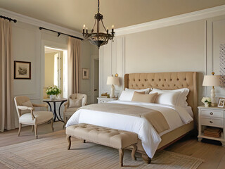 Modern bedroom in a farmhouse, styled with French country interior design in beige and white color.