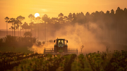 Fototapeta premium Modern tractor actively spraying crops on a vast farm with a dramatic sunset in the background 