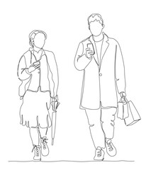 Couple walking and using phones on the go. Holding closed umbrella and shopping bags. Continuous line drawing. Black and white vector illustration in line art style.