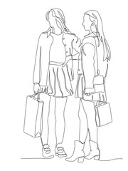 2 young women with shopping bags standing and looking left. Wear short skirts. Continuous line drawing. Black and white vector illustration in line art style.