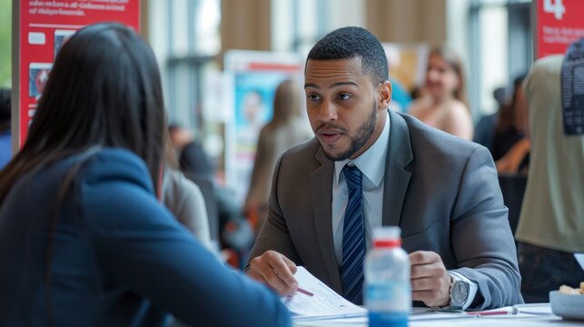 Young African American Businessman Conducting a Job Interview at a Busy Career Fair