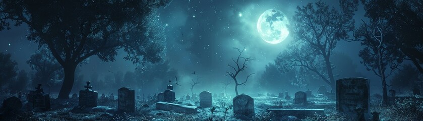 Graveyard at night, tombstones glowing under the moonlight, creating an enchanted atmosphere  8K , high-resolution, ultra HD,up32K HD - obrazy, fototapety, plakaty