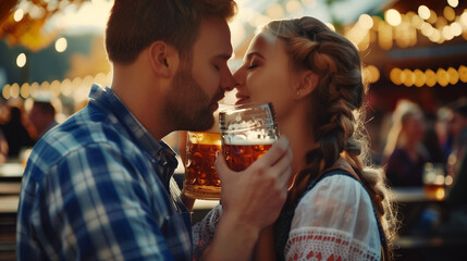 A couple kissing at Oktoberfest, with the woman holding a beer mug.