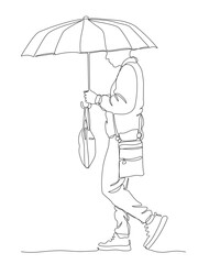 Man with umbrella on rainy day. Bag hanging on umbrella handle. Side view. Continuous line drawing. Black and white vector illustration in line art style.