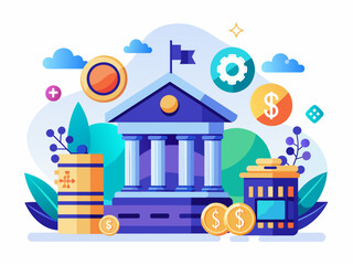 A contemporary building stands amidst stacks of coins and various icons symbolizing finance and technology, Online banking platform