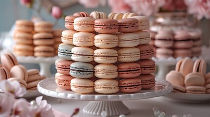 Macaron towers display elegant macaron towers in various flavors and pastel colors AI generated