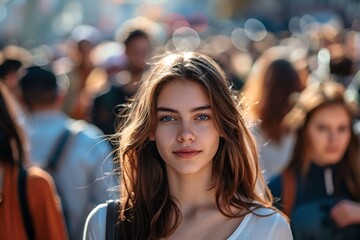 A woman with captivating eyes stands out among a bustling city crowd
