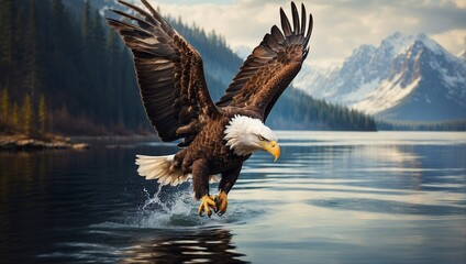 A bald eagle flying over water - Powered by Adobe