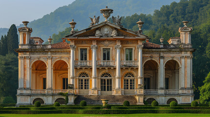 A close-up shot capturing the elegant symmetry and geometric patterns of a Palladian villa, with graceful arches, symmetrical windows, and a central pediment, creating a visually h