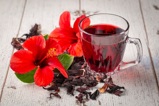 Hibiscus tea, flower and dry blossom