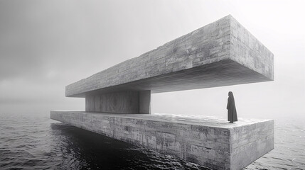 Surreal Architectural Artwork Monoblock Man in Black Clothing stands on a floating Extremely high and oversized superbrutalistic  white Platform above the Sea Wallpaper Digital Art Poster