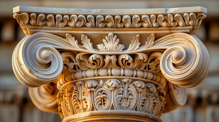 Fototapeta premium A close-up shot capturing the exquisite details of a classical Corinthian capital, with acanthus leaves, delicate scrolls, and floral motifs, showcasing the craftsmanship and beaut