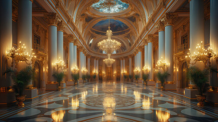 Obraz premium A visually stunning composition capturing the grandeur of a classical Baroque palace interior, with opulent ballrooms, ornate ceilings, and dazzling chandeliers, creating a visuall