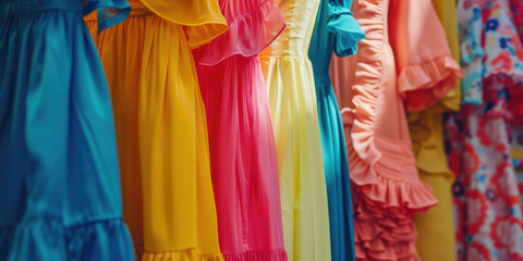 Summer dresses assorted, variety of trendy female dress. Closeup background for clothes store.