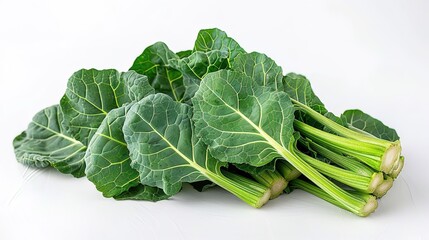 A photo of collard greens on a white background with a close up of the leaves and stems.
