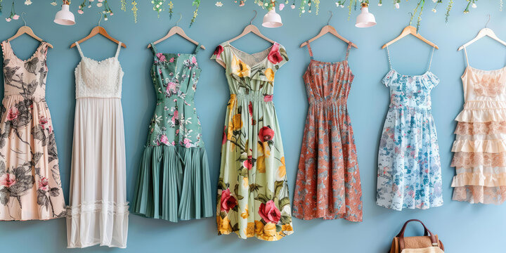 Summer dresses assorted, variety of trendy female dress. Closeup background for clothes store.