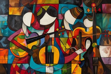 A man in a painting playing a guitar, A abstract depiction of a family playing music together in harmony