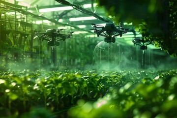 Naklejka premium A sprawling greenhouse teeming with abundant green plants in full bloom, A abstract representation of drones delivering nutrients to crops in a high-tech irrigation setup