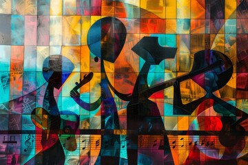 Abstract painting showing a family group playing various instruments together, A abstract depiction of a family playing music together in harmony