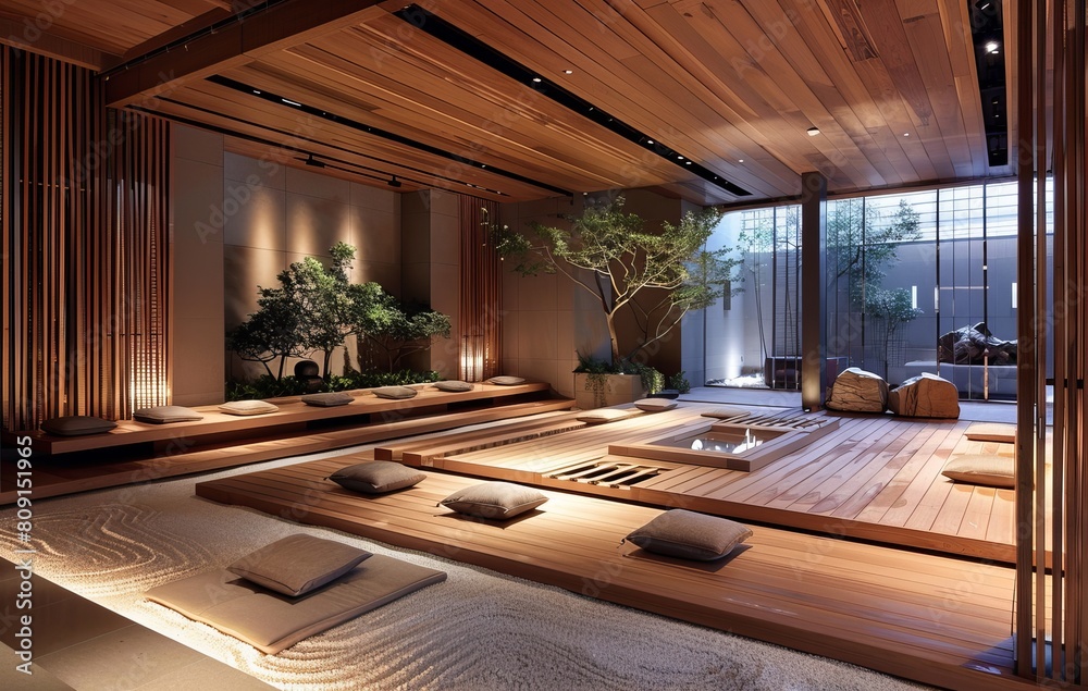 Poster A peaceful and serene zen meditation room with wooden elements and dim lighting to evoke calmness and relaxation