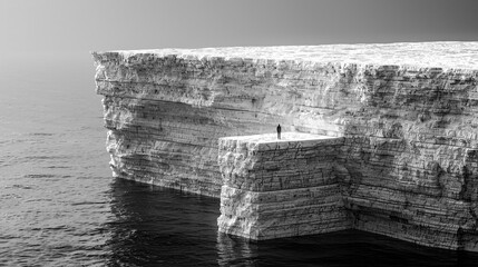 Surreal Architectural Artwork Monoblock Man in Black Clothing stands on a floating Extremely high and oversized superbrutalistic  white Platform above the Sea Wallpaper Digital Art Poster