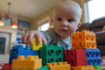 Naklejka premium A baby happily playing with colorful lego blocks in a playful manner, A baby playing with a stack of building blocks, focused and determined