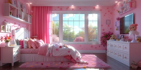 The bedroom is cute and organized. Decorated with pastel tones. The view of the park outside in the morning is very beautiful. Ideal for use as design inspiration for designers or property owners.