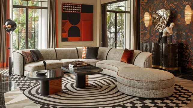 Design a modern living room that incorporates a large, comfortable sofa, a stylish coffee table, and a colorful rug