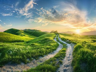 Captivating view of lush green hills under a vibrant sunset sky, with a winding dirt path disappearing into the horizon - Powered by Adobe