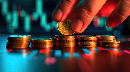 a businessman's hand delicately placing coins on a sleek table, with a backdrop of a dynamic stock market graph and chart, evoking the essence of financial transactions and investment decisions