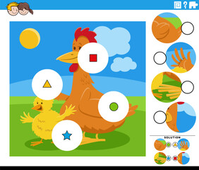 match the pieces activity with cartoon hen and chick farm animals