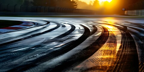 Fototapeta premium Empty Formula One race track at sunrise with tire tracks visible. Concept Sports Photography, Race Tracks, Sunrise, Tire Tracks, Formula One