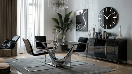 The room is decorated in a modern style with black and white as the main colors