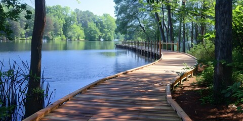 Explore Lake Normans boardwalk near Charlotte North Carolina for a leisurely walk. Concept Charlotte, North Carolina, Lake Norman, Boardwalk, Leisurely Walk - obrazy, fototapety, plakaty