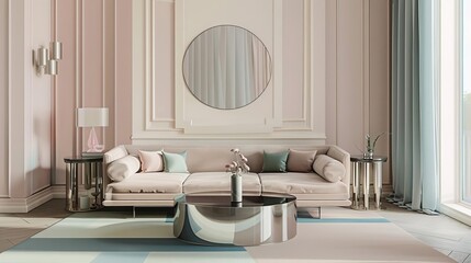 An elegant living room with a large round mirror, a soft pink sofa, and a mirrored coffee table. The room is decorated in a modern style with a touch of luxury.