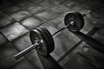 A black and white shot of a loaded barbell on the floor, ready for weightlifting, A barbell loaded with heavy plates on the floor