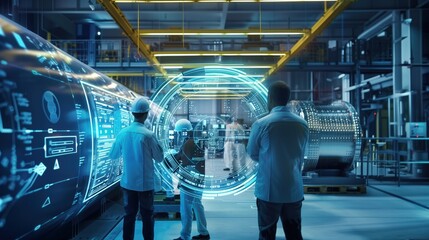 Industrial team using virtual holographic technology to interface with manufacturing equipment in a factory