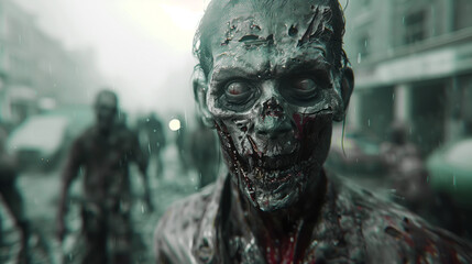 Obraz premium A zombie with visible bones in its face is on a city street full of zombies. The scene has a dark green color scheme