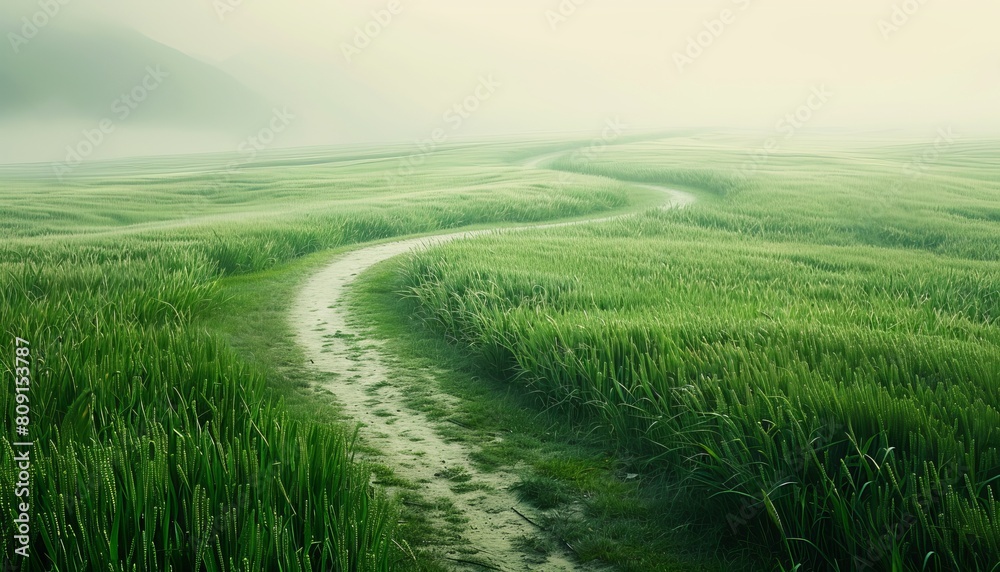 Poster This image features a tranquil and mist-covered landscape with a narrow path winding through vibrant green rice terraces