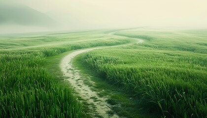 This image features a tranquil and mist-covered landscape with a narrow path winding through vibrant green rice terraces
