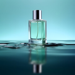 cyan color perfume bottle on the water surface, perfume bottle reflection in water