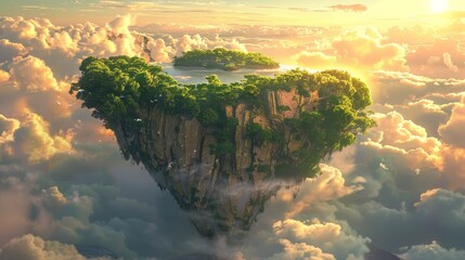 A captivating, high-definition digital art piece showcasing a surreal floating island in the sky, adorned with lush green foliage and towering cliffs. The golden sunlight filters through the clouds,