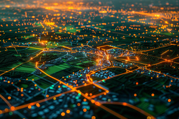 An aerial view of a city at night with lots of lights