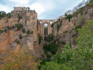 Scenic views Puente Nuevo bridge from Mirador La Hoya Del Tajo lookout in Ronda in the Andalusia region of southern Spain