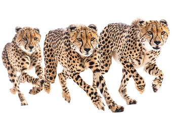 Three cheetahs, mid-stride, speed embodied